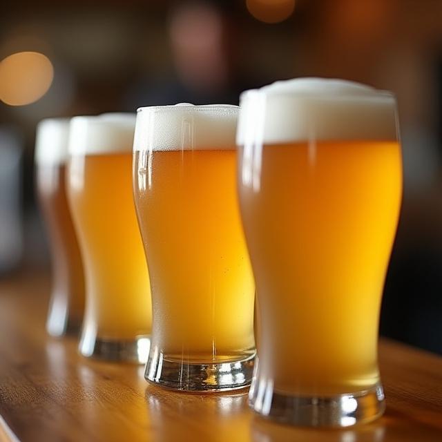 Row of clean beer glasses in a brewery